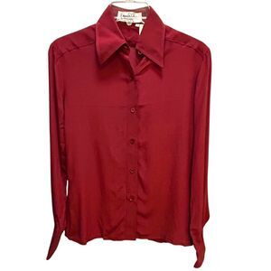 Franck Olivier Paris 1970s Silk Blouse French Size 40 Red Burgundy Dagger Collar
